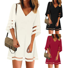 Load image into Gallery viewer, Women's V Neck Mesh Panel Blouse Three Quarter Bell Sleeve Loose Top White Black Red Mini Dress Robe D'Été