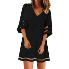 Load image into Gallery viewer, Women's V Neck Mesh Panel Blouse Three Quarter Bell Sleeve Loose Top White Black Red Mini Dress Robe D'Été