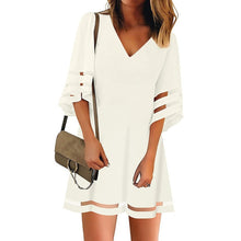 Load image into Gallery viewer, Women's V Neck Mesh Panel Blouse Three Quarter Bell Sleeve Loose Top White Black Red Mini Dress Robe D'Été