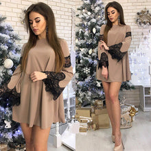 Load image into Gallery viewer, Fashion Mini Dress Women New Sexy Lace Patchwork Dresses Bell Sleeve Casual Autumn Long Sleeve O Neck Dresses Vestidos Bigsweety