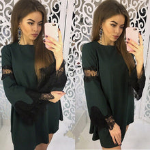 Load image into Gallery viewer, Fashion Mini Dress Women New Sexy Lace Patchwork Dresses Bell Sleeve Casual Autumn Long Sleeve O Neck Dresses Vestidos Bigsweety