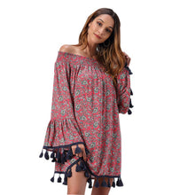 Load image into Gallery viewer, Women\'s Sexy Bohemian Mini Dress Boat Neck Long Sleeve Print Tassel Stitching